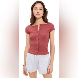Free People Most Wanted Ribbed Short Sleeve Cardigan Top - Dusty Pink